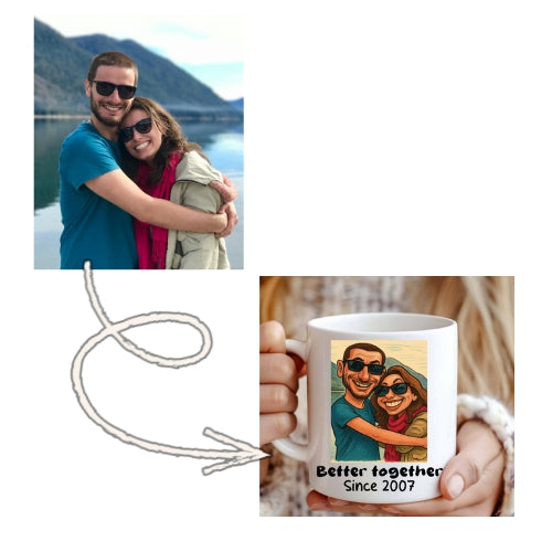 Mok met carticature koppel foto