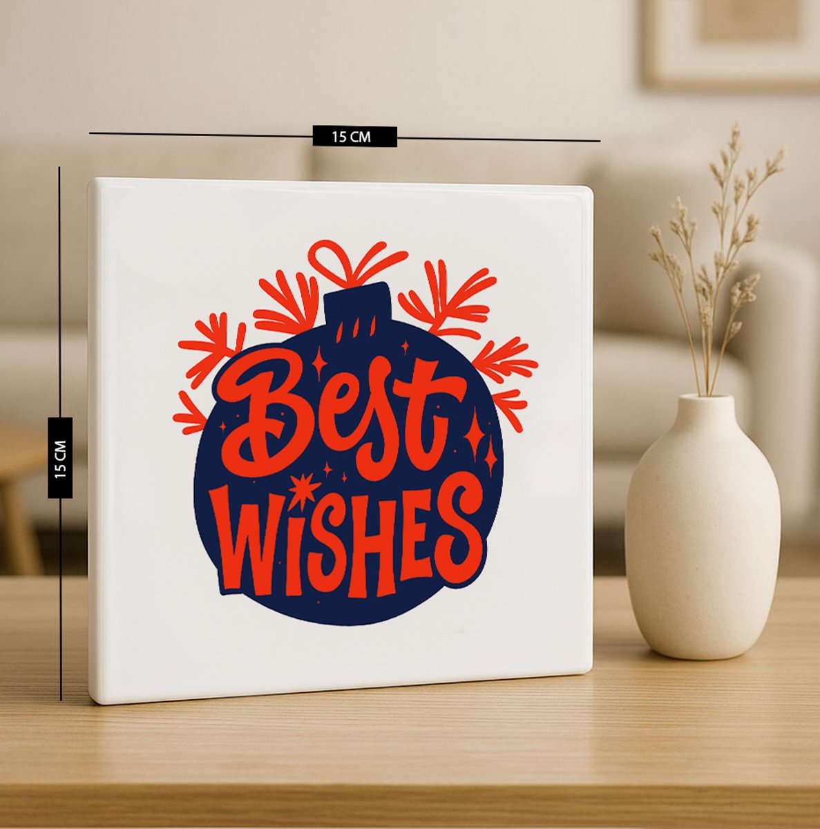 Feestelijke Tegel “Best Wishes” – 15x15cm Keramische Wanddecoratie – Vrolijk Kerst & Nieuwjaar Cadeau voor Thuis of Kantoor