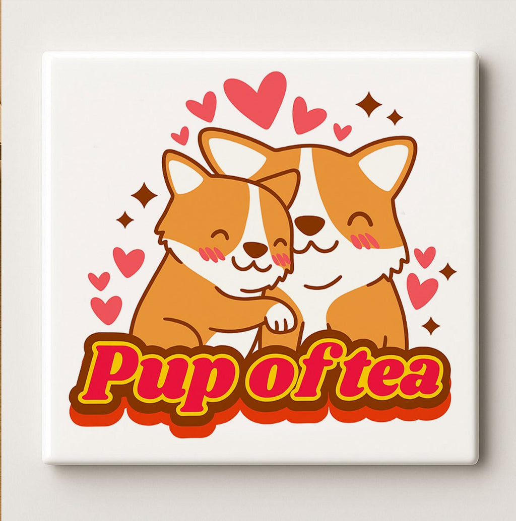 Schattige Hond Tegel “Pup of Tea” – 15x15cm Keramische Wanddecoratie – Lief Corgi Ontwerp Perfect voor Dierenliefhebbers & Cadeau Decoratie