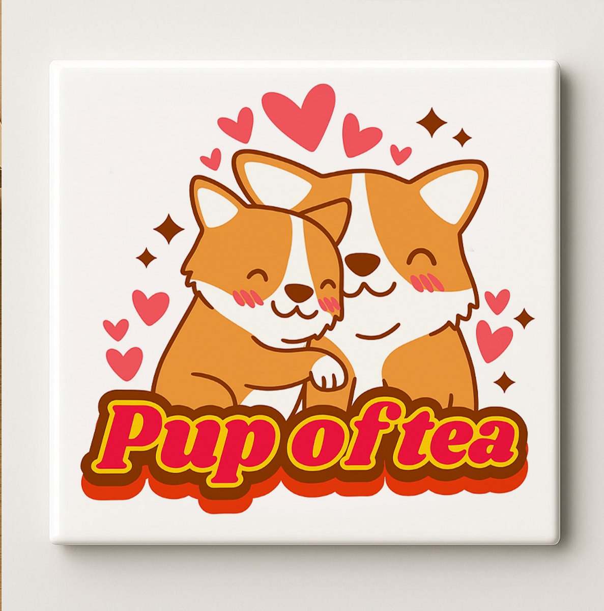 Schattige Hond Tegel “Pup of Tea” – 15x15cm Keramische Wanddecoratie – Lief Corgi Ontwerp Perfect voor Dierenliefhebbers & Cadeau Decoratie