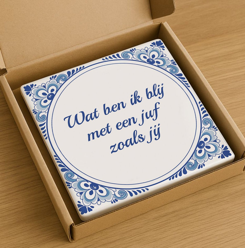 Wat Ben Ik Blij Met Een Juf Zoals Jij Tegel – 15x15cm Blauw-Witte Keramische Wanddecoratie – Lief Cadeau voor Juf, Bedankt of Einde Schooljaar