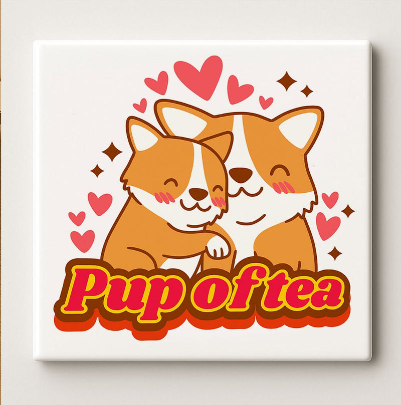 Schattige Hond Tegel “Pup of Tea” – 15x15cm Keramische Wanddecoratie – Lief Corgi Ontwerp Perfect voor Dierenliefhebbers & Cadeau Decoratie