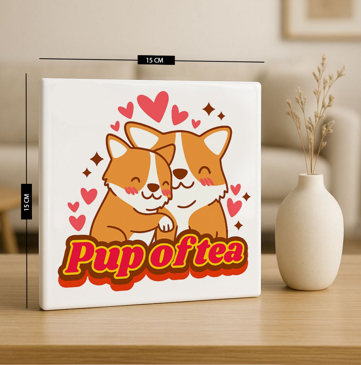 Schattige Hond Tegel “Pup of Tea” – 15x15cm Keramische Wanddecoratie – Lief Corgi Ontwerp Perfect voor Dierenliefhebbers & Cadeau Decoratie