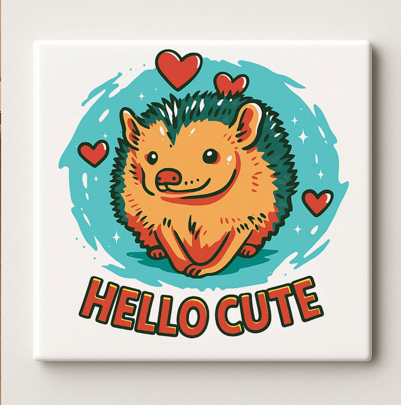Hello Cute Tegel 15x15cm – Schattige Egel Ontwerp Keramische Wandtegel, Leuk Cadeau voor Dierliefhebbers, Kinderkamer of Woondecoratie