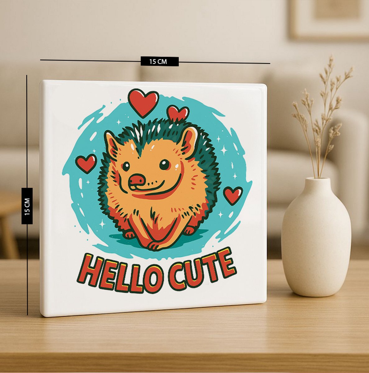 Hello Cute Tegel 15x15cm – Schattige Egel Ontwerp Keramische Wandtegel, Leuk Cadeau voor Dierliefhebbers, Kinderkamer of Woondecoratie