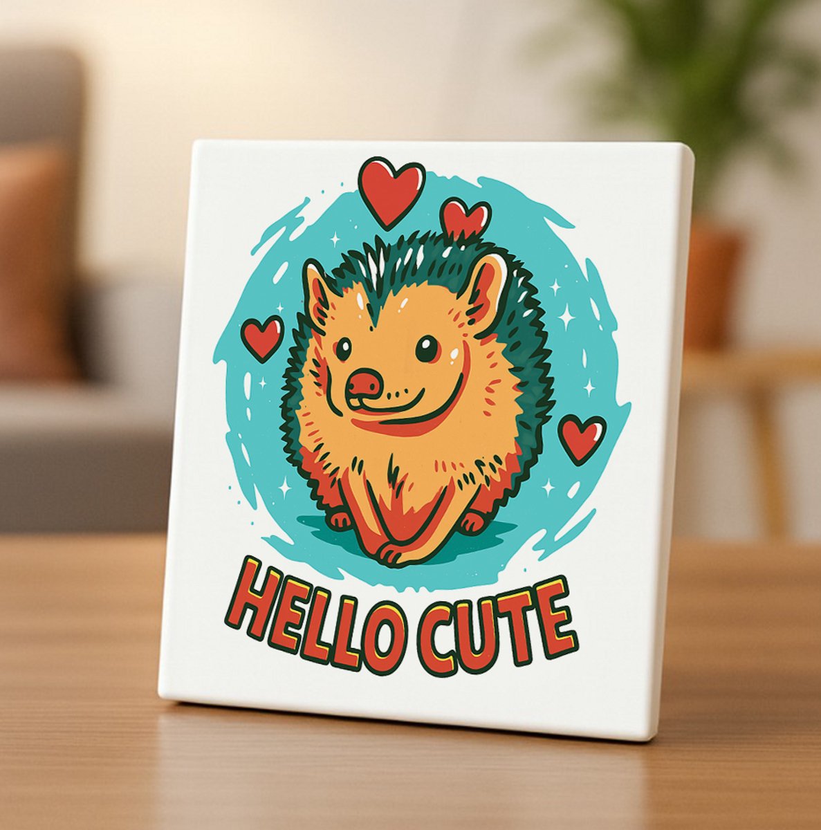 Hello Cute Tegel 15x15cm – Schattige Egel Ontwerp Keramische Wandtegel, Leuk Cadeau voor Dierliefhebbers, Kinderkamer of Woondecoratie