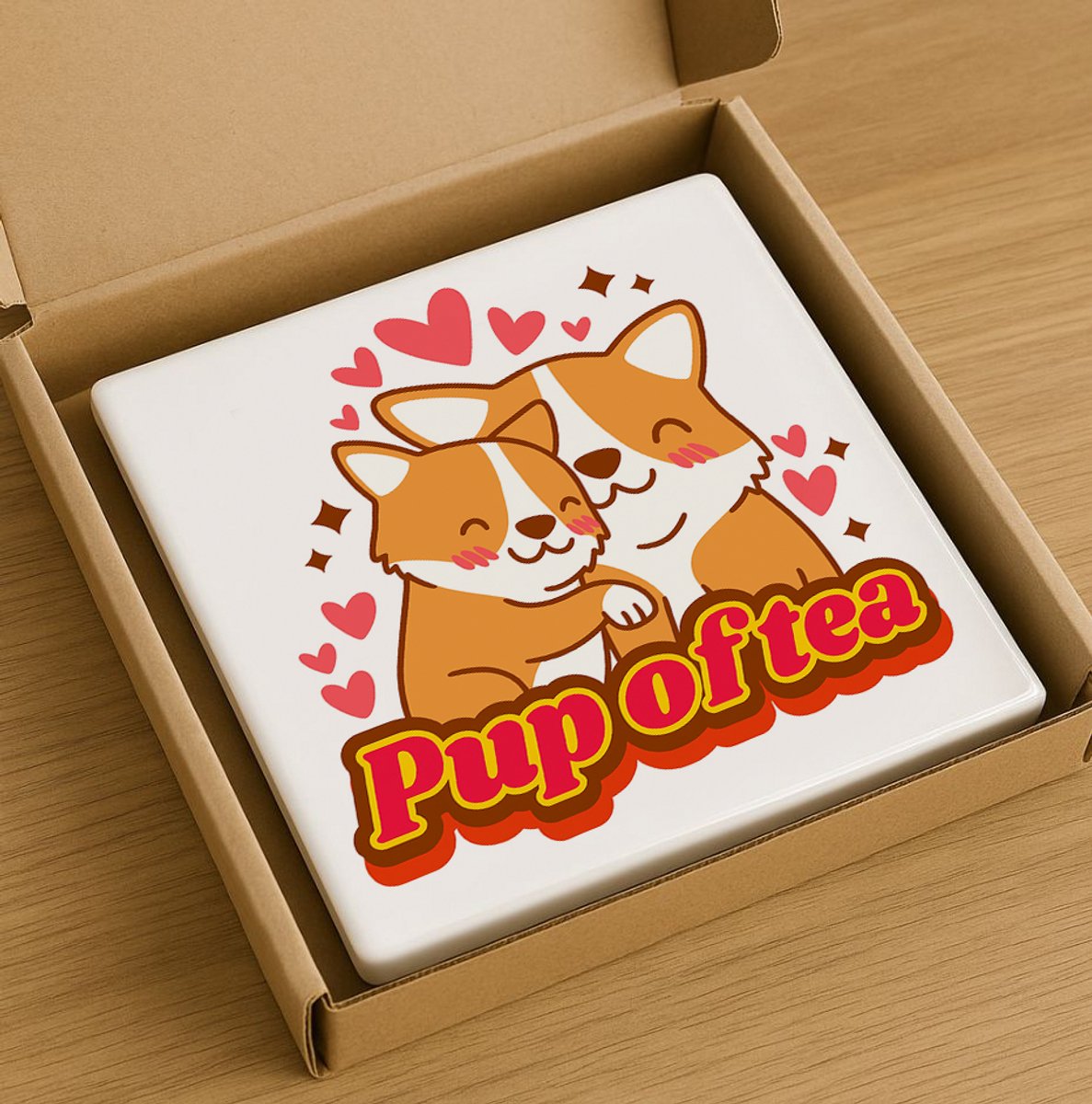 Schattige Hond Tegel “Pup of Tea” – 15x15cm Keramische Wanddecoratie – Lief Corgi Ontwerp Perfect voor Dierenliefhebbers & Cadeau Decoratie