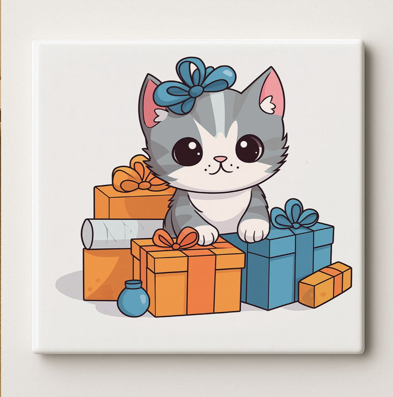 Schattige Kat Tegel met Cadeautjes – 15x15cm Keramische Wanddecoratie – Lief Katje Illustratie Perfect voor Kattliefhebbers & Cadeau Decoratie