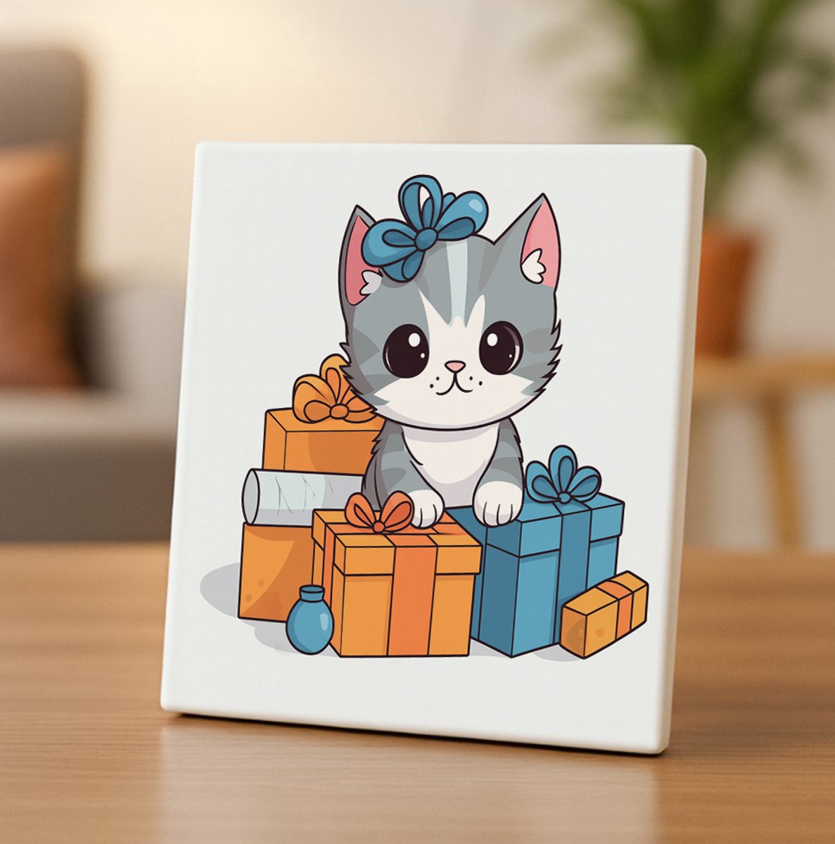 Schattige Kat Tegel met Cadeautjes – 15x15cm Keramische Wanddecoratie – Lief Katje Illustratie Perfect voor Kattliefhebbers & Cadeau Decoratie