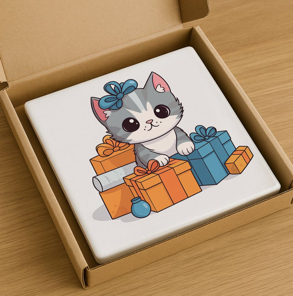 Schattige Kat Tegel met Cadeautjes – 15x15cm Keramische Wanddecoratie – Lief Katje Illustratie Perfect voor Kattliefhebbers & Cadeau Decoratie