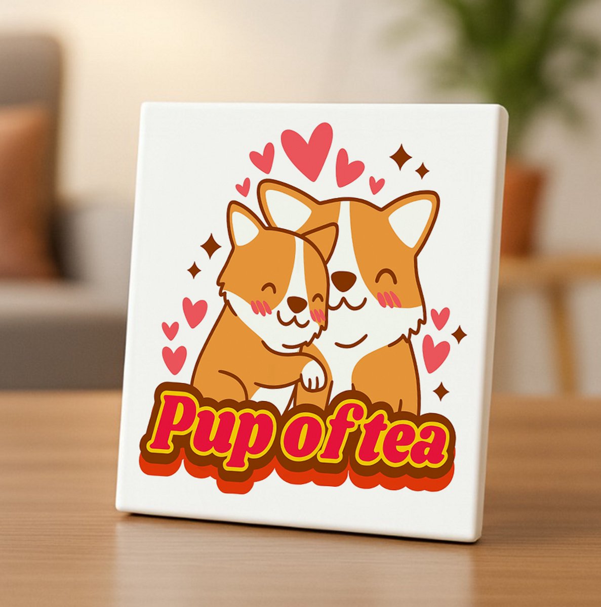 Schattige Hond Tegel “Pup of Tea” – 15x15cm Keramische Wanddecoratie – Lief Corgi Ontwerp Perfect voor Dierenliefhebbers & Cadeau Decoratie