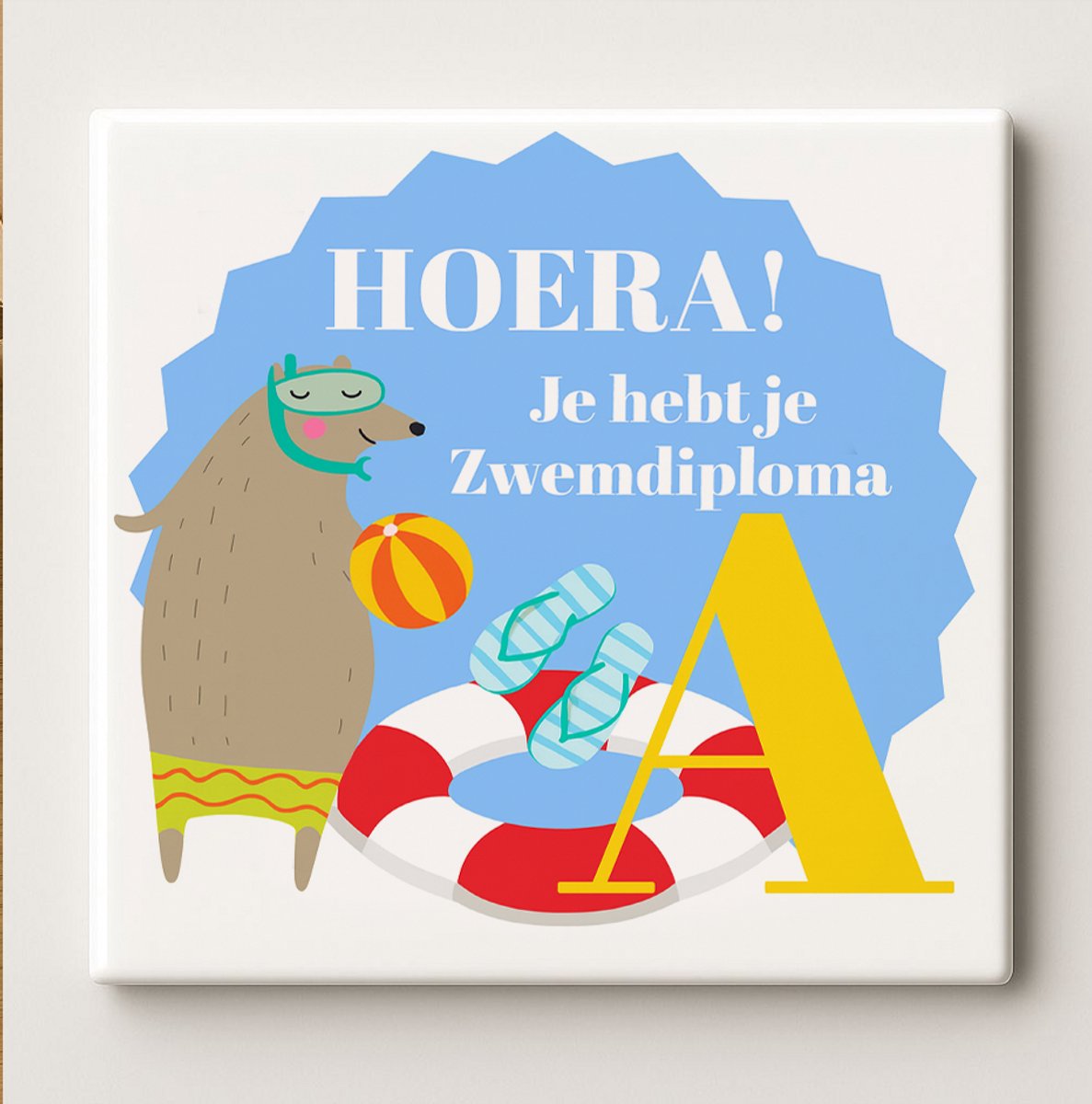 Hoera Zwemdiploma Tegel 15x15cm – Schattige Beer Ontwerp Keramische Tegel