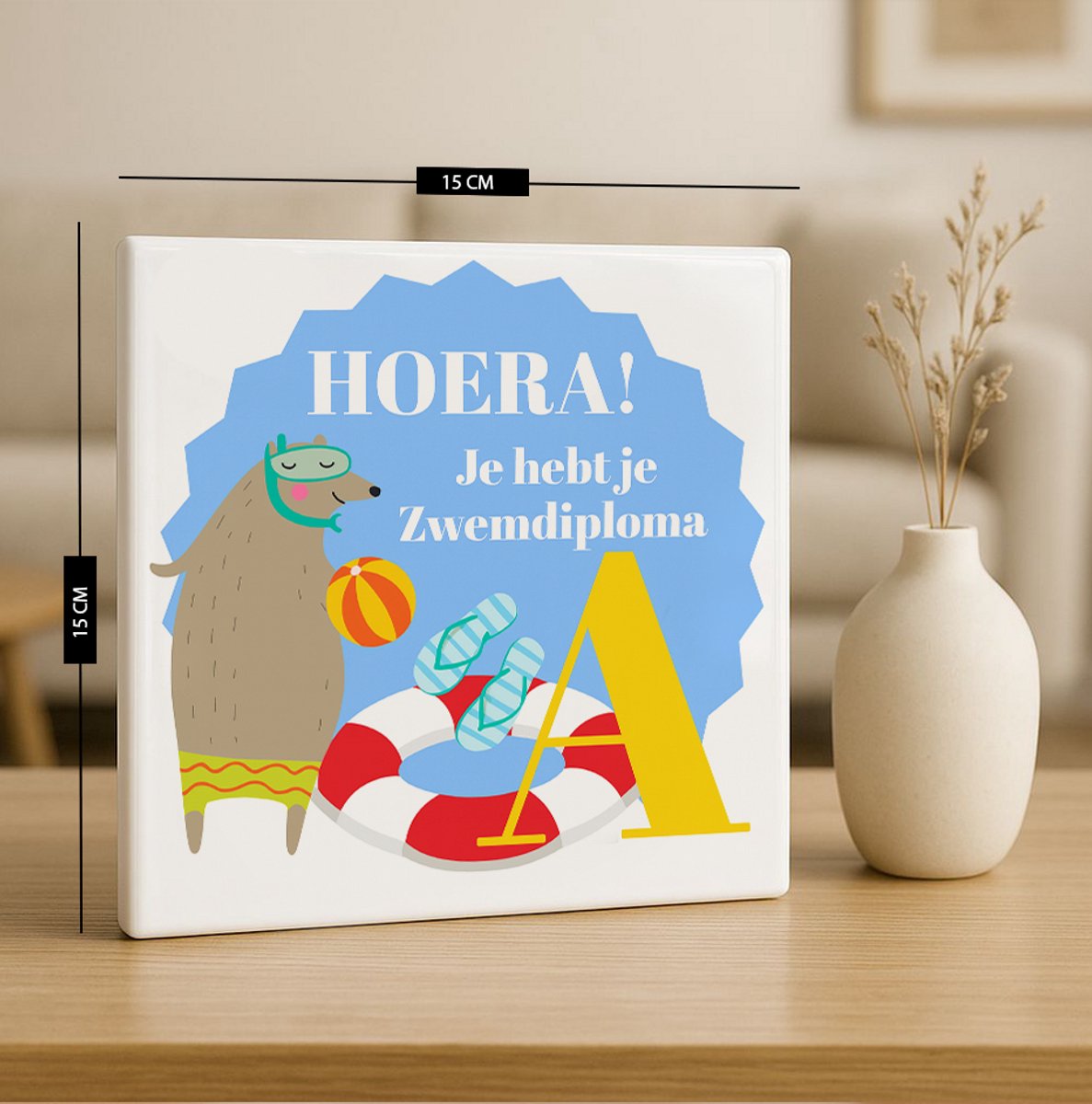 Hoera Zwemdiploma Tegel 15x15cm – Schattige Beer Ontwerp Keramische Tegel