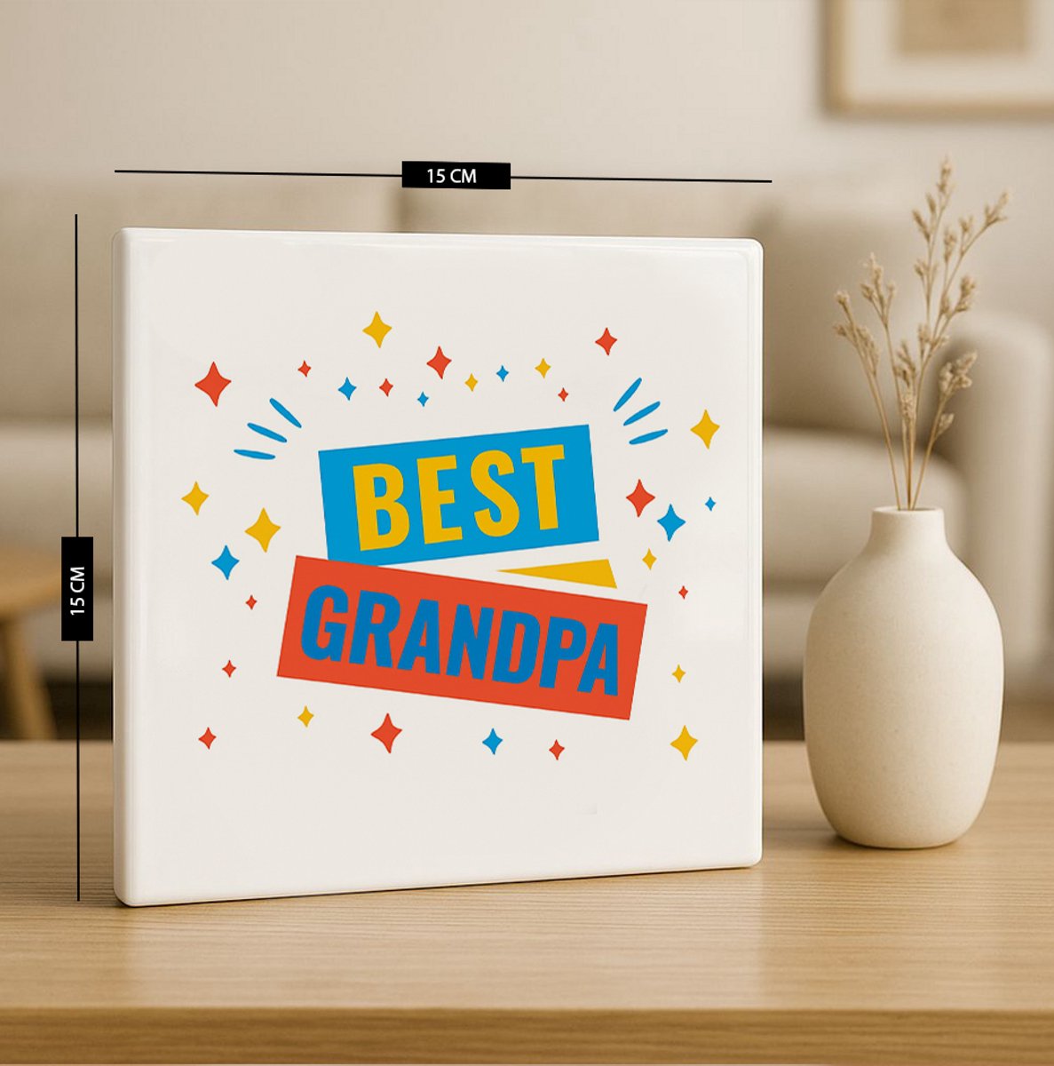 Best Grandpa Tegel 15x15cm – Kleurrijke Keramische Wandtegel, Perfect Cadeau voor Opa, Vaderdag of Familiewoondecoratie