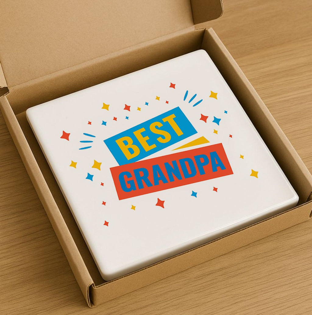 Best Grandpa Tegel 15x15cm – Kleurrijke Keramische Wandtegel, Perfect Cadeau voor Opa, Vaderdag of Familiewoondecoratie