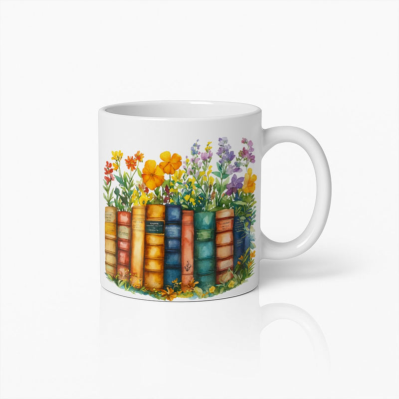 Prachtige Mok met Bloemen en Vintage Boeken – Artistieke Koffiemok voor Boekliefhebbers en Natuurliefhebbers