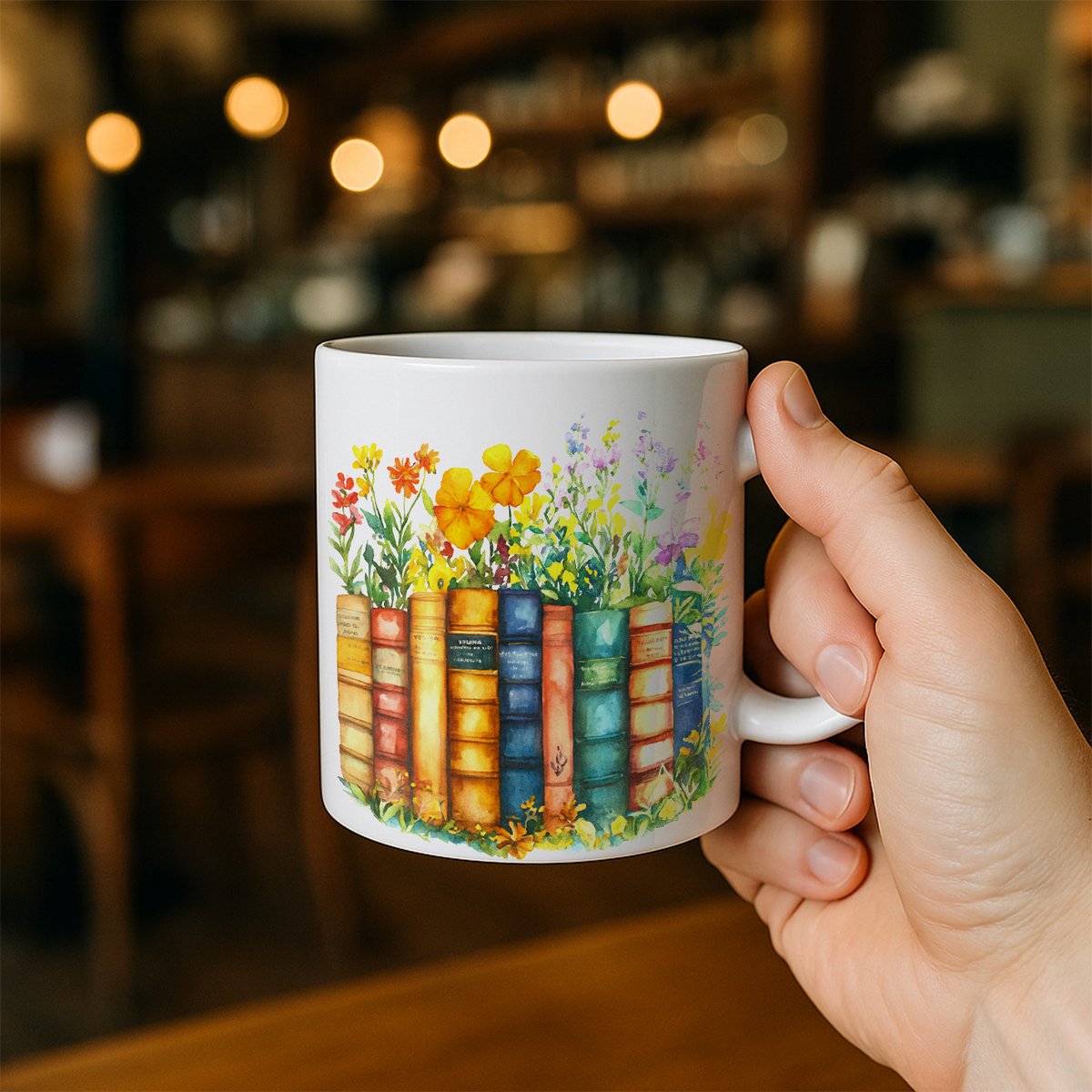 Prachtige Mok met Bloemen en Vintage Boeken – Artistieke Koffiemok voor Boekliefhebbers en Natuurliefhebbers