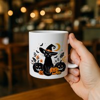 Halloween Zwarte Kat Heks Keramische Mok - Griezelige Pompoen en Vleermuis Herfst Koffiebeker
