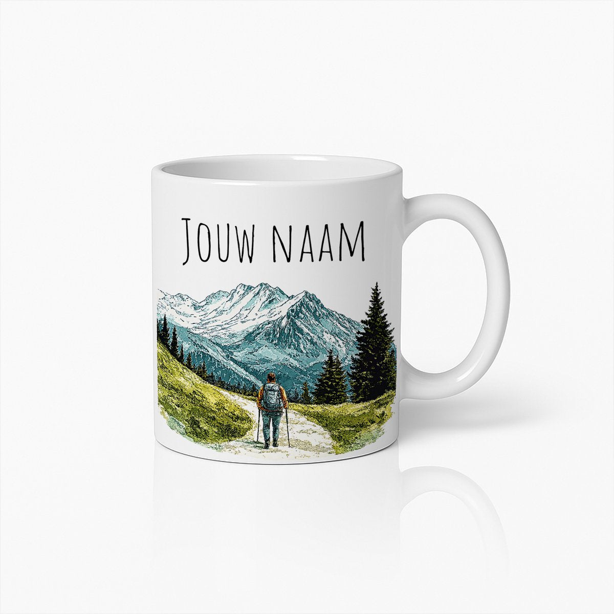 Gepersonaliseerde Bergwandeling Mok – Koffiebeker met Eigen Naam en Natuurillustratie