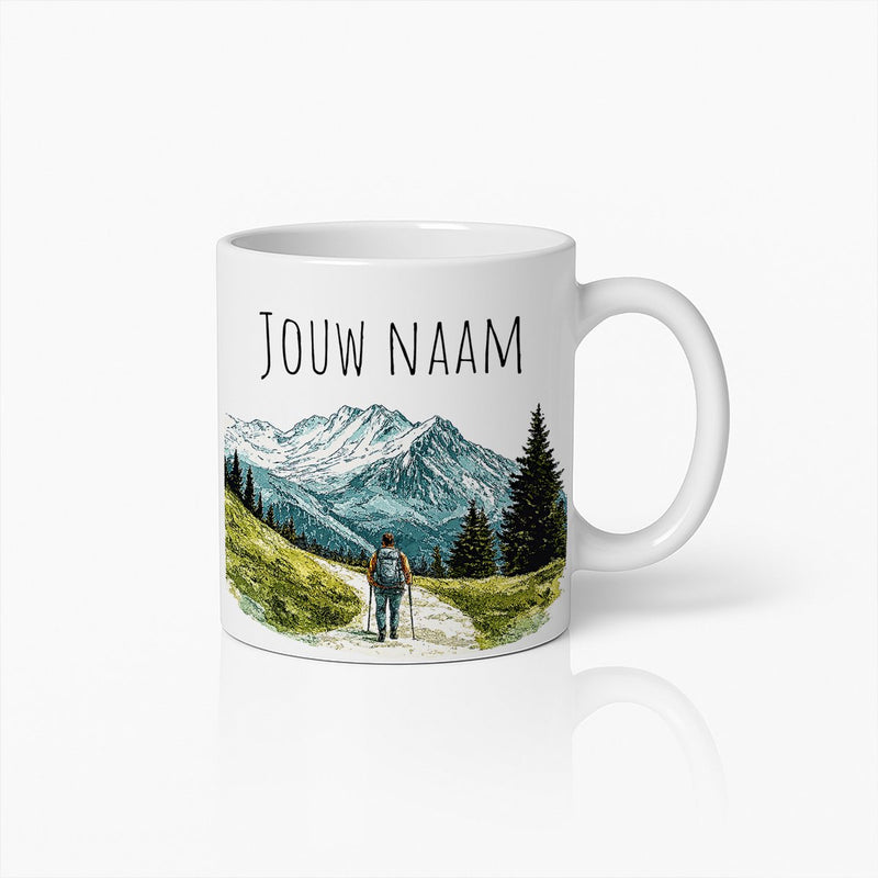Gepersonaliseerde Bergwandeling Mok – Koffiebeker met Eigen Naam en Natuurillustratie