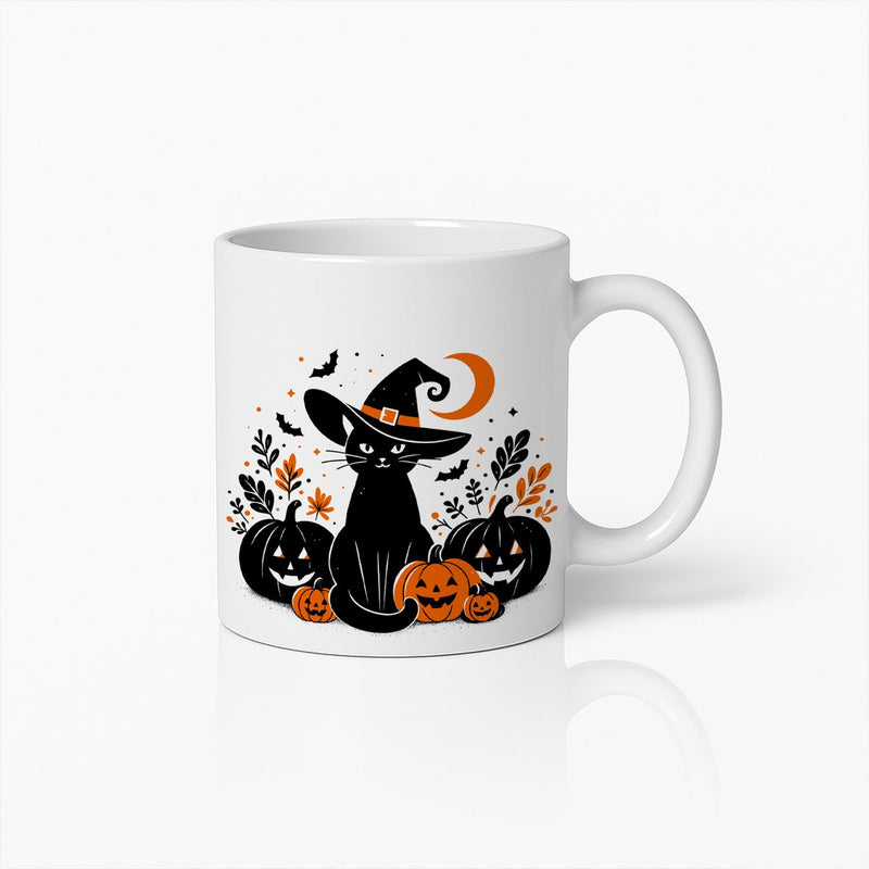 Halloween Zwarte Kat Heks Keramische Mok - Griezelige Pompoen en Vleermuis Herfst Koffiebeker