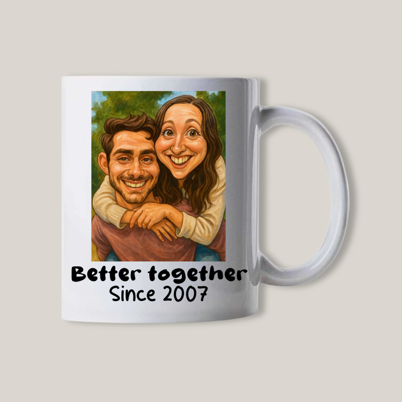 Mok met carticature koppel foto